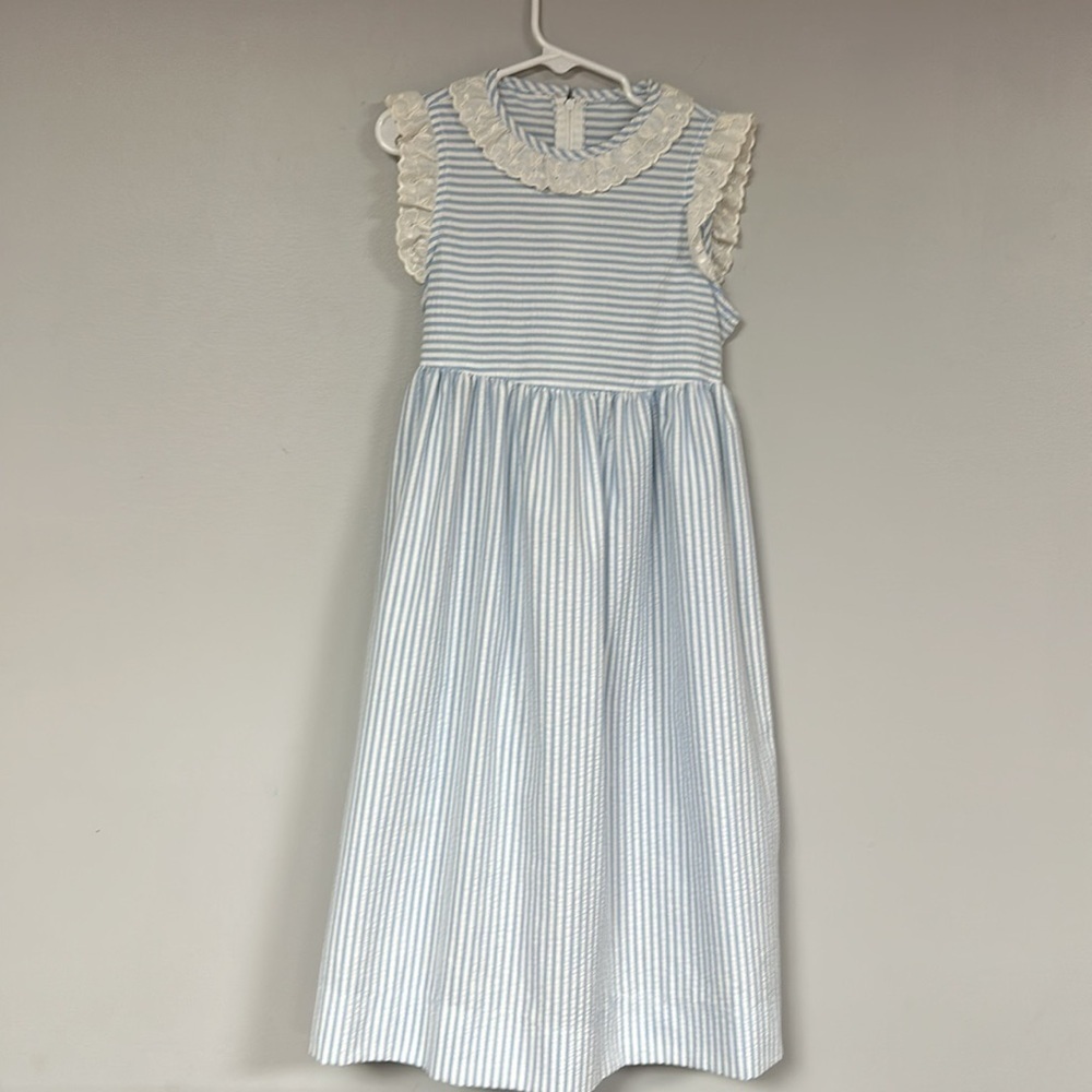 Super Cute Petite Gamine Girls Blue & White Seersucker Lace Collar Dress,  8 EUC